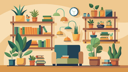Fototapeta premium Vector art of cozy living room interior design with bookshelves, plants, sofa, and decorative elements, creating a warm and inviting atmosphere