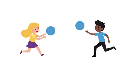 Cheerful Boy and Girl Playing with Blue Balls on Ombre Background