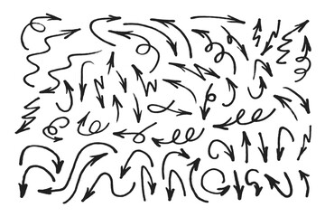 Hand drawn marker arrows symbols set. Doodle brush line grunge scribbles arrow pointers hand drawn vector illustration. Felt pen marker symbols collection.
