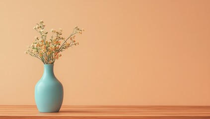 Light teal vase with delicate, muted yellow-orange flowers on a light peach background