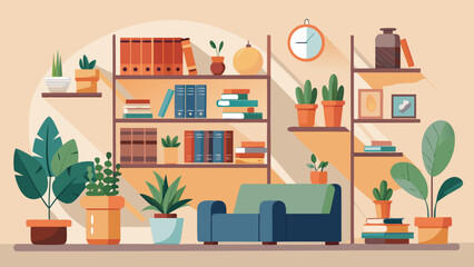 Vector art of stylish apartment interior featuring shelves filled with books and plants, a modern sofa, and decorative elements, perfect for a comfortable and chic living space