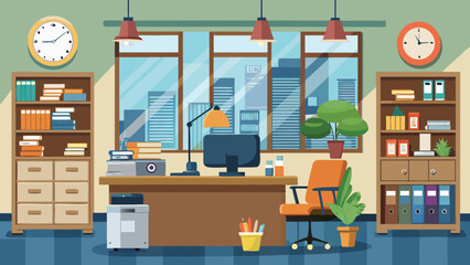 Vector art of modern office interior with a desk, computer, chair, bookshelves, and cityscape view through the window, creating a professional workspace