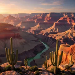 Majestic grand canyon landscape at sunset with saguaro cacti in the foreground © ALMAMUN