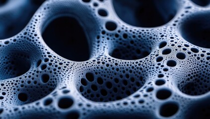 Abstract, detailed, close-up view of a complex, organic-like structure.  A network of interconnected,  bubble-like  cavities in a light-blue-gray material against a darker background