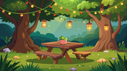 Vector art of charming garden scene with a wooden picnic table and benches, illuminated by hanging lanterns and string lights amidst lush trees