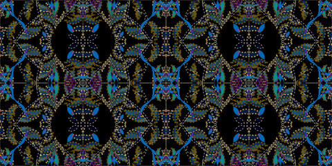 Seamless vintage Damask carpet. Dark Ornamental Seamless Abstract Pattern. Vibrant Abstract Night Garden Motif. Ethnic Folk Art Textile Design. 
