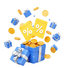 Blue gift boxes coins and yellow discount coupons isolated on a transparent background present ribbon