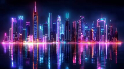 Neon Cityscape Digital Art, Line Art Composition, Futuristic City Reflection, Cyberpunk, 80s Retro Wave Cyberpunk, Neon City