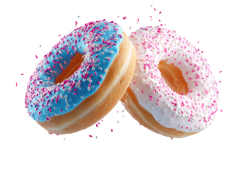 Two glazed doughnuts, one blue and one white, adorned with pink sprinkles, levitate against a dark background.  A subtle, diffused, pink sparkle effect surrounds them