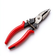 Close-up view of a red-handled pliers, tool on a white surface. This image is perfect for illustrating craftsmanship, repair, or construction themes