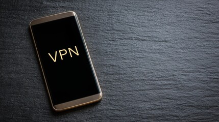 Cyber Hygiene Concepts. A smartphone displaying the word "VPN" on a textured dark surface, symbolizing digital privacy and security.
