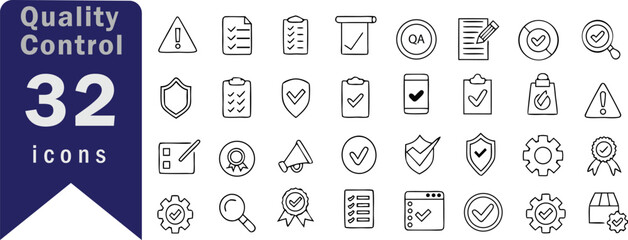 Quality Control icon set. Containing inspection, checklist, audit, process, ISO, testing, report, compliance, standard, assurance and more. Editable line icons. Vector illustration