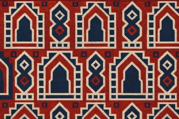 Repeating Islamic geometric pattern in red, navy blue, and cream on a woven textile background, representing cultural and ornamental design