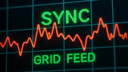 Sync grid feed concept on digital screen with energy sector engineering work monitoring system displaying waveform and data for efficient work