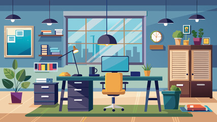 Vector art of contemporary home office design with a desk, computer, chair, lamp, shelves, clock, window, and plants, promoting a focused and comfortable work atmosphere