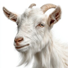 Obraz premium A detailed portrait of a goat with white fur and impressive horns, capturing its serene gaze and unique features