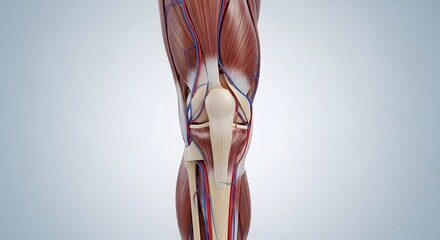 Detailed Human Knee Anatomy Model Showing Muscles Tendons and Blood Vessels in Medical Illustration