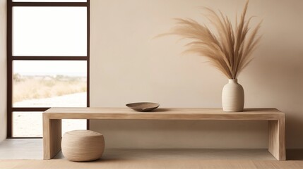 Fototapeta premium Serene Japandi Style Room with Natural Tones and Dried Flowers