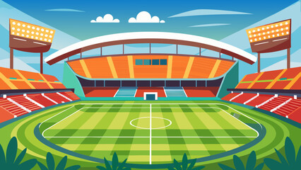 Vector art of eyecatching illustration of a sports stadium viewed from the field, featuring bright orange seats, green turf, and large stadium lights against a clear sky