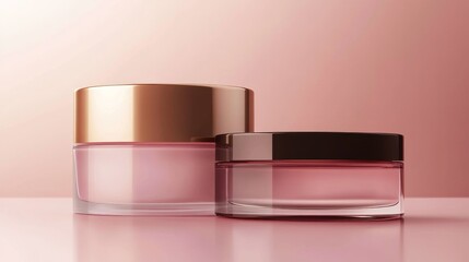 Pink Glass Cosmetic Jars Minimalist Product Photography, Rose Gold Accents, Beauty Concept Cosmetic Packaging, Skincare Products