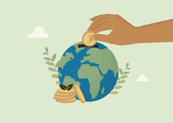 Hand placing golden coin into planet earth representing environmental investment, sustainability funding, and eco-friendly financial commitment. Climate governance. Flat design. Vector illustration