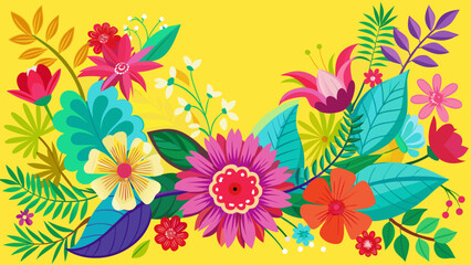 Vector art of vibrant and colorful floral arrangement with various blooming flowers and green leaves on a bright yellow background, perfect for spring and summer themes