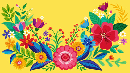 Naklejka premium Vector art of a lively and diverse collection of blooming flowers and lush foliage in a decorative arrangement against a cheerful yellow backdrop, evoking summer joy