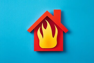 Red House on Fire Paper Cutout, Blue Background, Fire Safety, Home Insurance, Hazard Fire safety, Home hazard