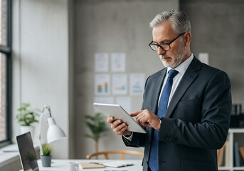 mature older business man executive standing in office using digital tablet. Middle aged professional businessman corporate manager wearing suit and glasses holding tab working on finance project
