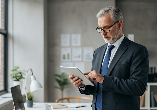mature older business man executive standing in office using digital tablet. Middle aged professional businessman corporate manager wearing suit and glasses holding tab working on finance project - Powered by Adobe