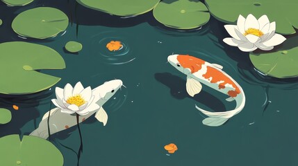 Serene Koi Pond Digital Painting of Two Koi Fish Among Lily Pads and Water Lilies, Digital Art, Koi Fish Koi pond, Water Lilies