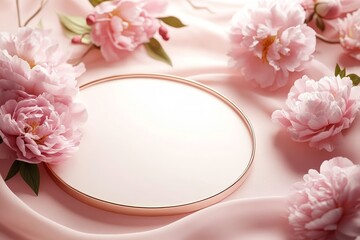 Rose Gold Circle on Pink Silk with Peonies, Mockup, Floral, Product Placement Peony, Mockup