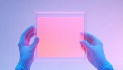 Hands in blue gloves hold a square, clear acrylic frame,  containing a glowing, soft pink panel.  Studio shot,  minimal aesthetic
