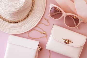 Pink Fashion Accessories Flatlay Hat, Bag, Sunglasses, Jewelry, Pink Background Fashion Photography, Flatlay Styling