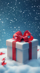 Snowy Christmas gift box with red ribbon festive holiday present winter celebration background for greeting cards and ads