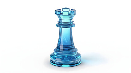 Glossy blue glass chess rook piece isolated on white background, 3D fortress icon with clean futuristic design