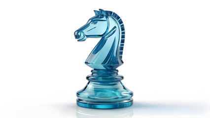 Glossy blue glass chess knight piece isolated on white background, 3D strategic symbol with elegant design