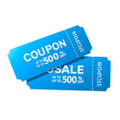 Two blue discount coupons with 500 percent off offer isolated on a transparent background sale