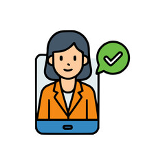 Professional woman avatar with check mark in smartphone frame representing verification, video interview, or remote meeting