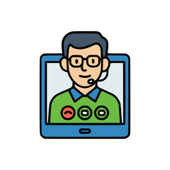 Flat vector illustration of man in virtual meeting with headset and call buttons, suitable for remote work or webinar