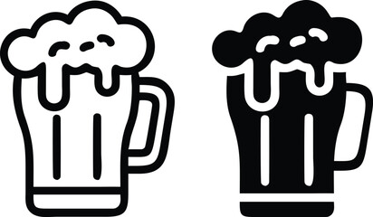 Foamy Beer Glass Icon Set – Vector Alcohol Drink Symbol in Black and White
