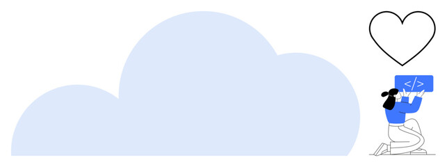 Female developer holding a code panel, kneeling near a cloud icon with a heart above. Ideal for cloud computing, coding passion, teamwork, online services, innovation, tech community, simple landing