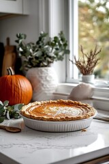 Pumpkin Pie Photography Autumnal Composition, White Kitchen Setting, Thanksgiving Concept Keywords Food Photography, Thanksgiving