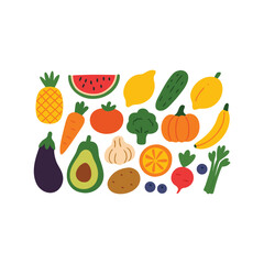 Colorful and Playful Illustration of Various Fruits and Vegetables for a Healthy Lifestyle Concept or Children's Education