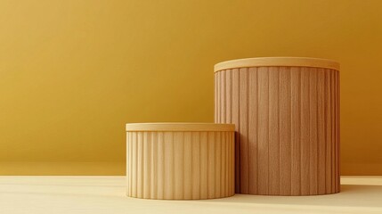 Two Wooden Cylinders on Yellow Background Minimalist Product Display, 3D Render, Wood Texture, Product Mockup Product display, Mockup