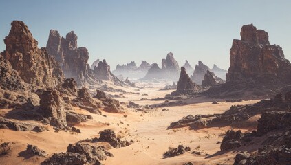 Naklejka premium Vast desert landscape with dramatic rock formations