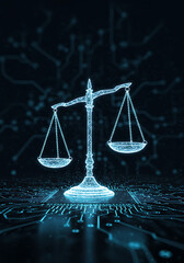 scale of justice, Digital balancing scale justice, fairness in modern technology environment. Holographic scales balance on illuminated datum background of ai circuitry. Innovation concept in abstract