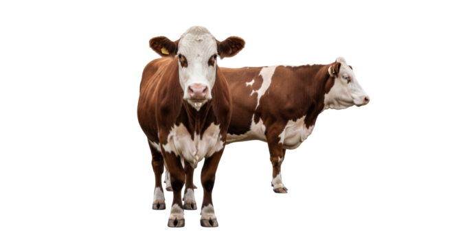 two serene hereford cows with distinctive brown and white coats, one facing forward, the other 3/4 profile, isolated on a seamless transparent infinite plain studio background with soft shadowless
