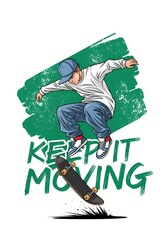 Naklejka premium Dynamic skateboarder performing a trick mid-air with bold green brush strokes and text