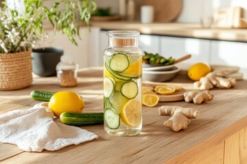 Refreshing Cucumber Lemon Ginger Detox Water in Glass Bottle, Kitchen Setting, Healthy Lifestyle, Detox Drink Detox water, healthy drink